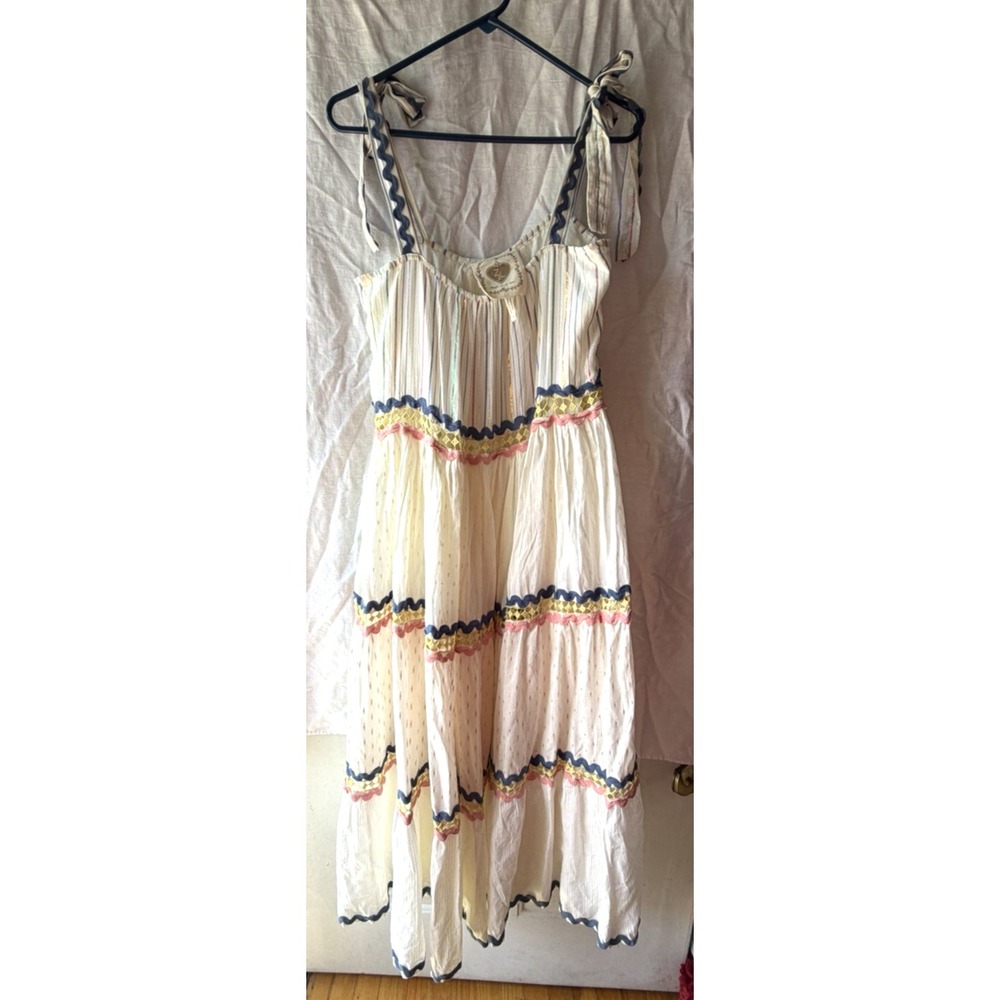 Z&L Women's Cotton Ric Rac Tie Strap Sundress Midi Ivory Multi Boho Cottagecore